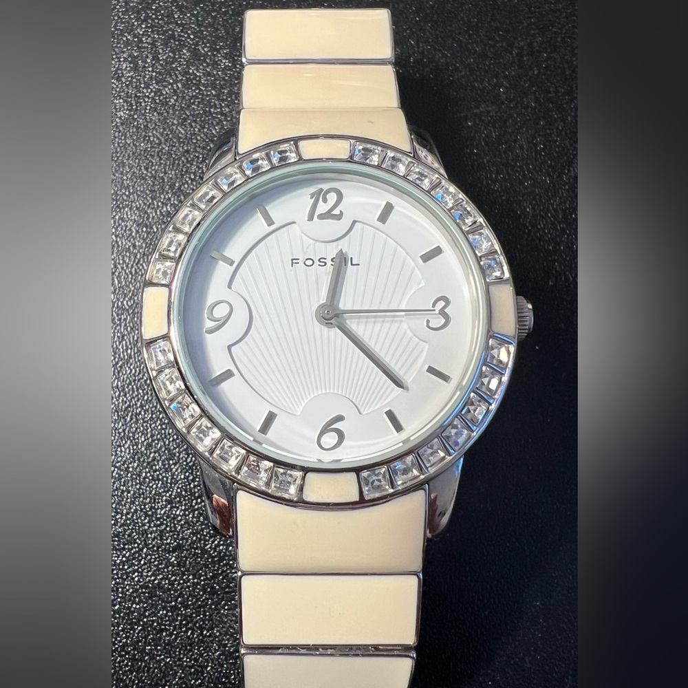 Fossil Women Es-1530 Quartz  50m Silver Steel Beige Ceramic Link Watch